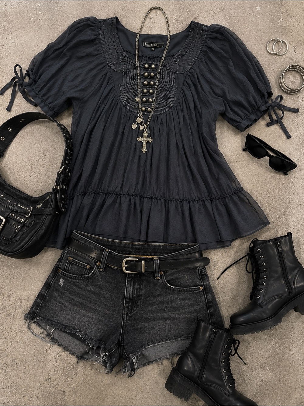 Love Stitch Charcoal Sheer Scoop-Neck baby doll Peasant Blouse